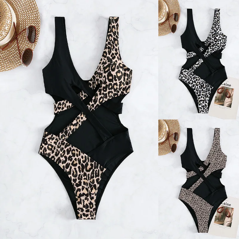 

2022 NEW Sexy High Waist One-Piece Swimsuit Wholesale Women's Hot Springs Conservative Stitching Color Leopard Print Bikini