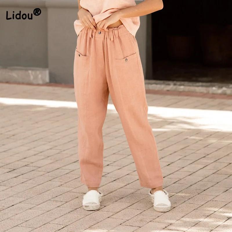 

Cotton Linen Casual Trousers Spring Summer Elastic Waist Patchwork Button Thin Solid Color Straight Type Wide Leg Pants Women