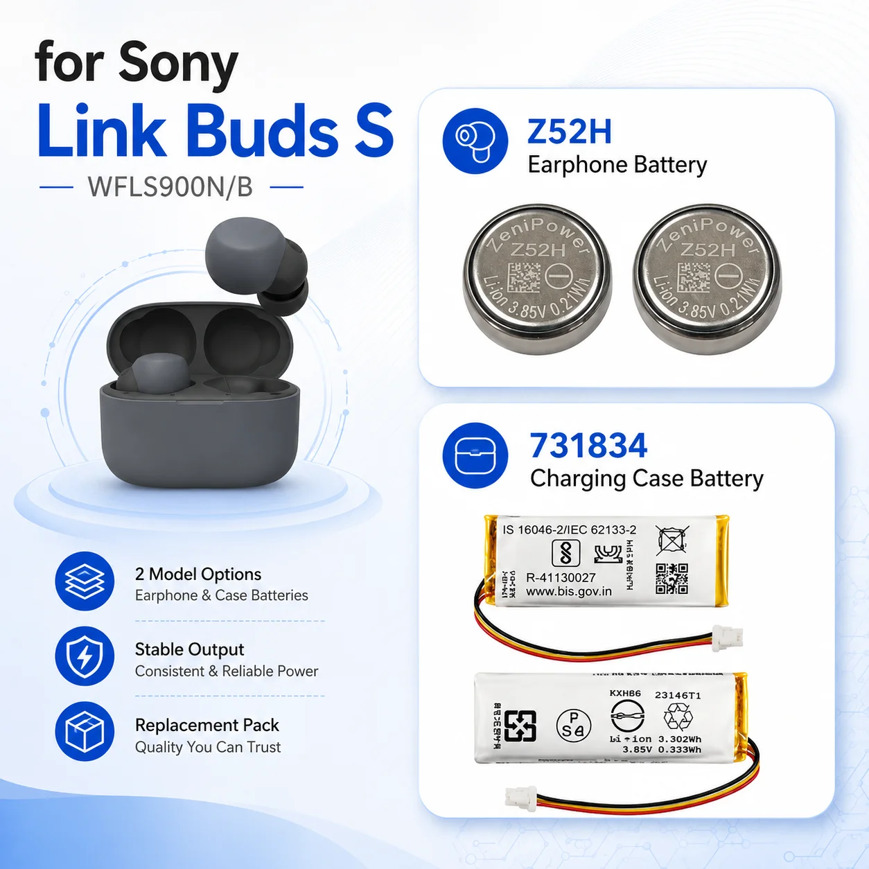Фото Аккумулятор Z52H 731834 для зарядного кейса Bluetooth-наушников Sony LinkBuds S WF-LS900N с инструментами для ремонта №1