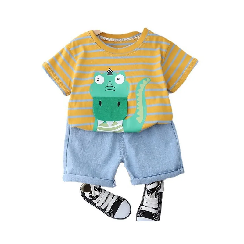 

Новинка, летняя детская одежда, костюм, детская хлопковая футболка и шорты в полоску для мальчиков и девочек, 2 шт./компл., повседневный костю...