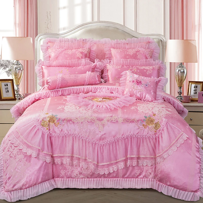 

Высококачественный розовый атласный жаккардовый Комплект постельного белья роскошное кружевное с цветочной вышивкой пододеяльник для принцессы хлопковое постельное белье простыня наволочки