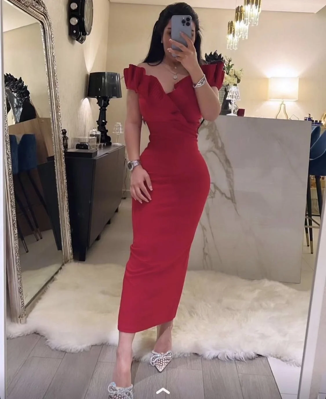 

ILUSY Red Cocktail Dresses Stretch Party Dresses V-neck Tea-length Party Gowns Prom Robe De Soiree