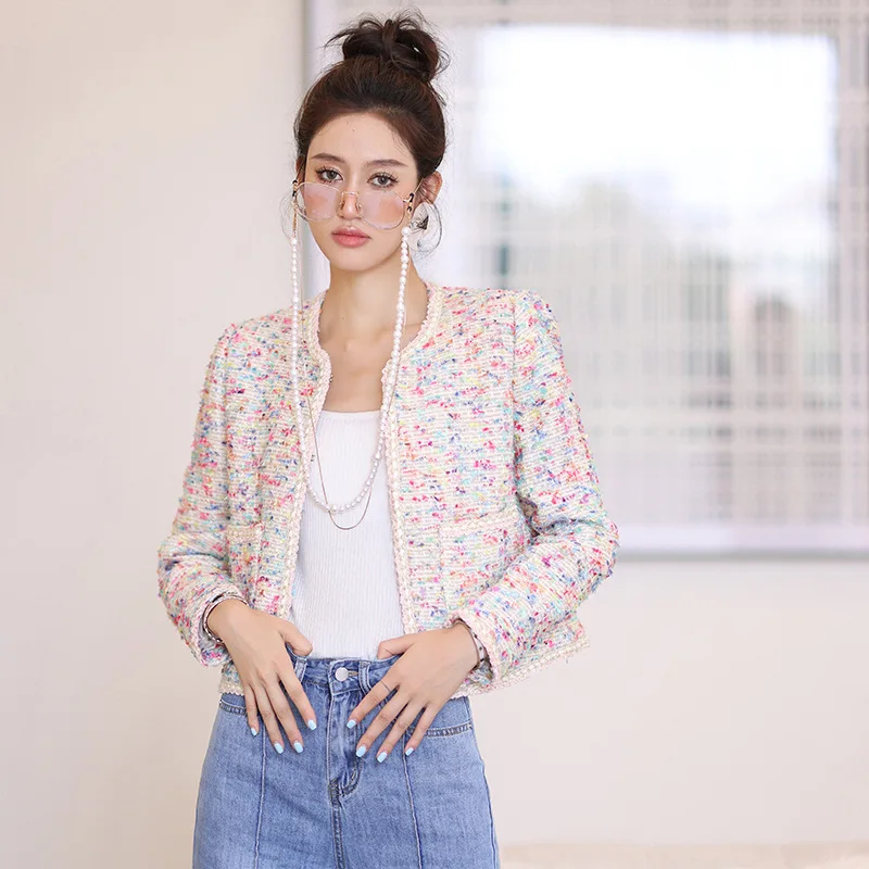 

Женское шерстяное пальто, элегантное короткое твидовое пальто с круглым вырезом в Корейском стиле, Осень-зима 2022