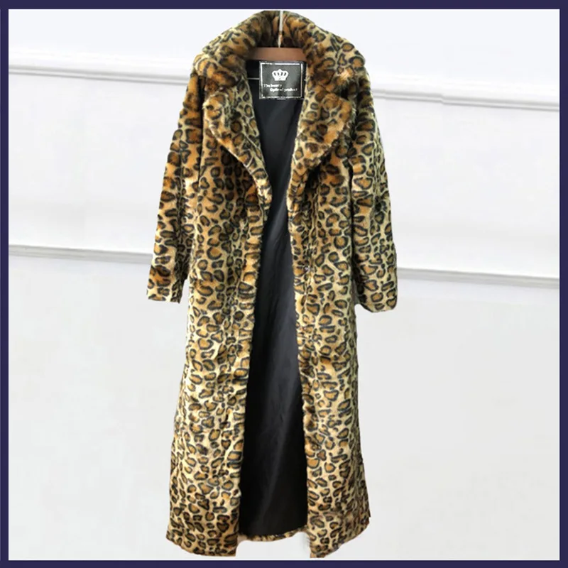 Womens Leopard Fur Coat Mink Coat Long Fashion Casual Coat Loose Warm Windbreaker Fur Coat Women
