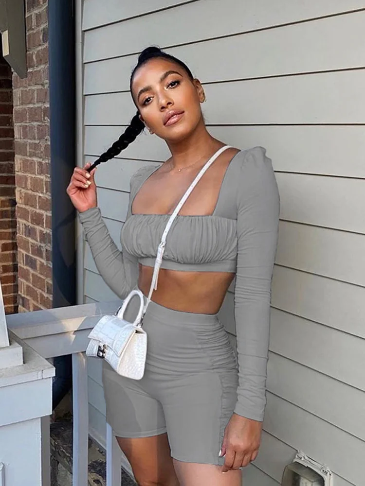 

One Line Collar Soild Silm Sexy Two Piece Sets Womens Outifits Long Sleeve Pleat Tops Fashion Mujer Casual Office Lady Clothes
