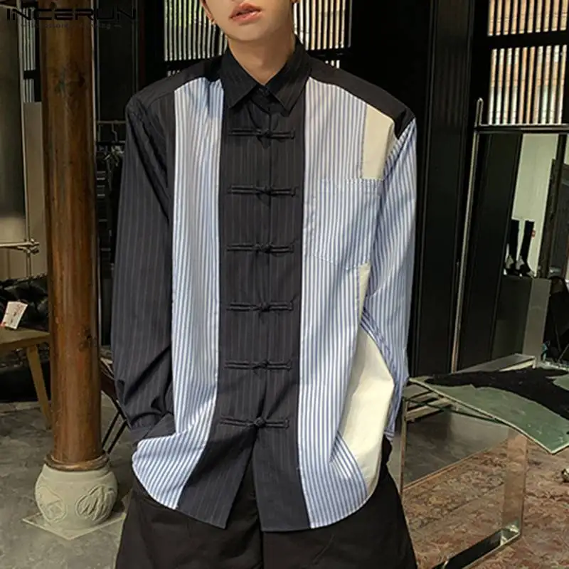 

2023 Men Shirt Striped Patchwork Lapel Long Sleeve Vintage Loose Men Clothing Streetwear Button Casual Male Shirts S-5XL INCERUN