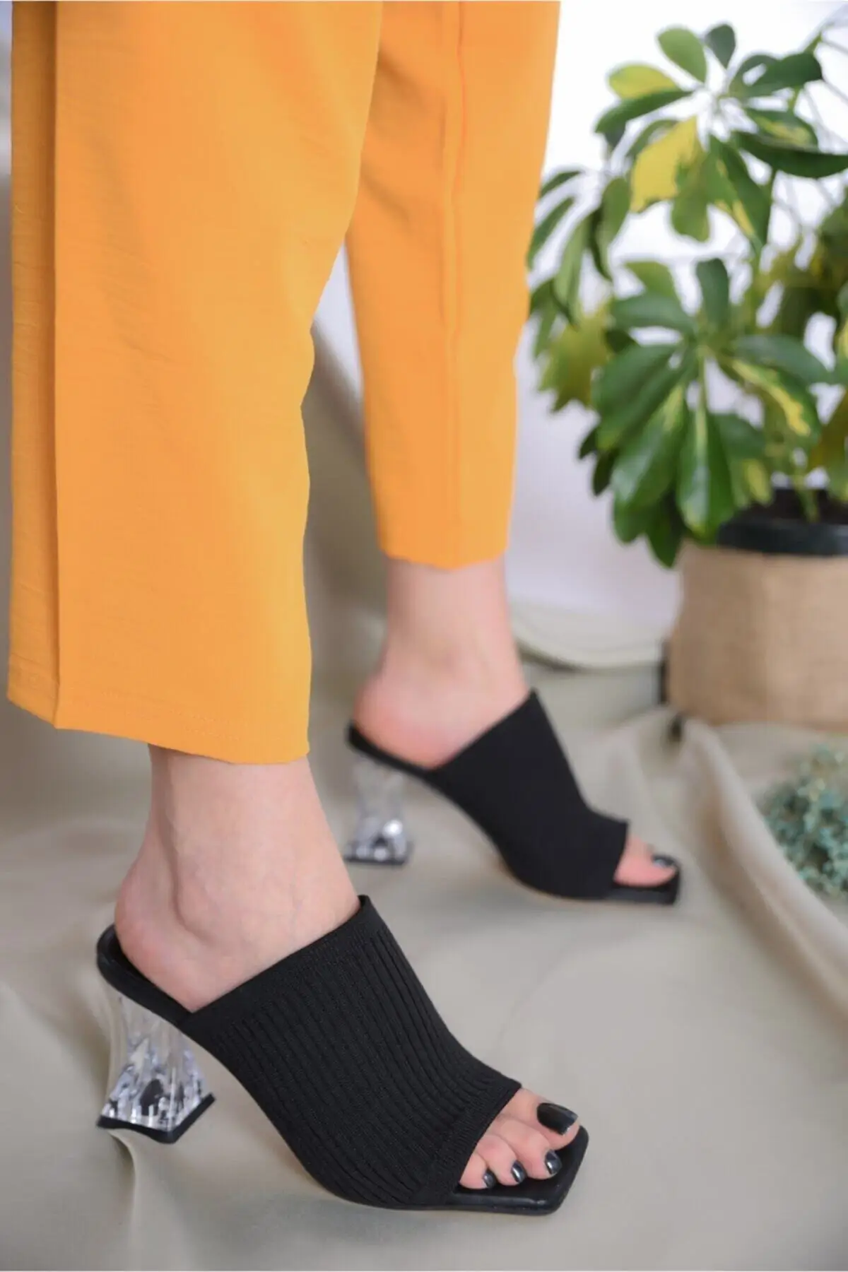 

Women's Black Transparent Heels Knitwear Slippers