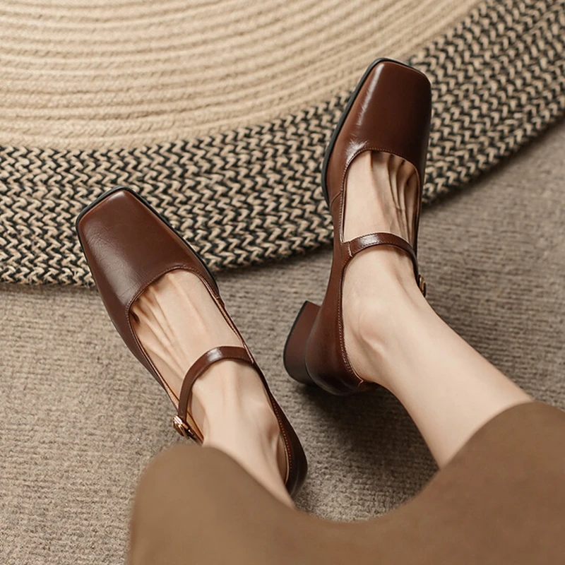 

Женские туфли на массивном каблуке, туфли-лодочки из натуральной кожи на среднем каблуке, с круглым носком, однотонные Туфли Мэри Джейн в стиле ретро, весна-осень 2023