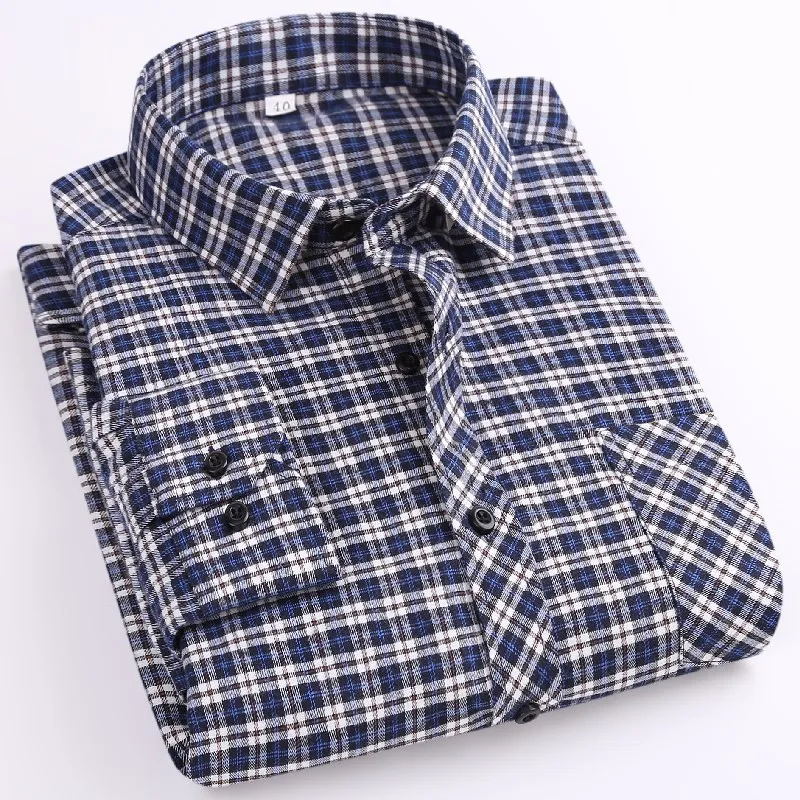 2023 Cotton Thickened Fleece-Lined Plaid Men's Long-Sleeved Shirt Middle-Aged Men's Shirt Spring and Autumn Tops Men's Clothing