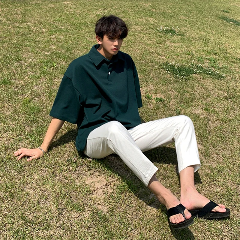 

2023 New Summer Cotton POLO Shirts Men Solid Color Short Sleeve Breathable Casual Button Loose Business Social Clothes Tops V79