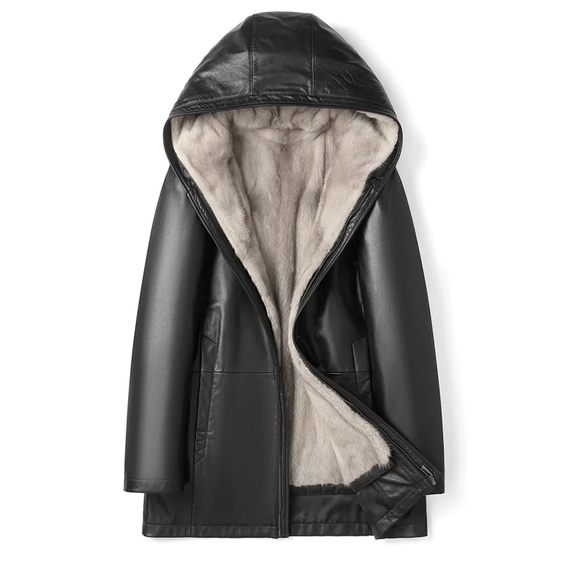 

Winter new men's mink coat hooded fur leather leather coat men's cowhide leather pie overcome