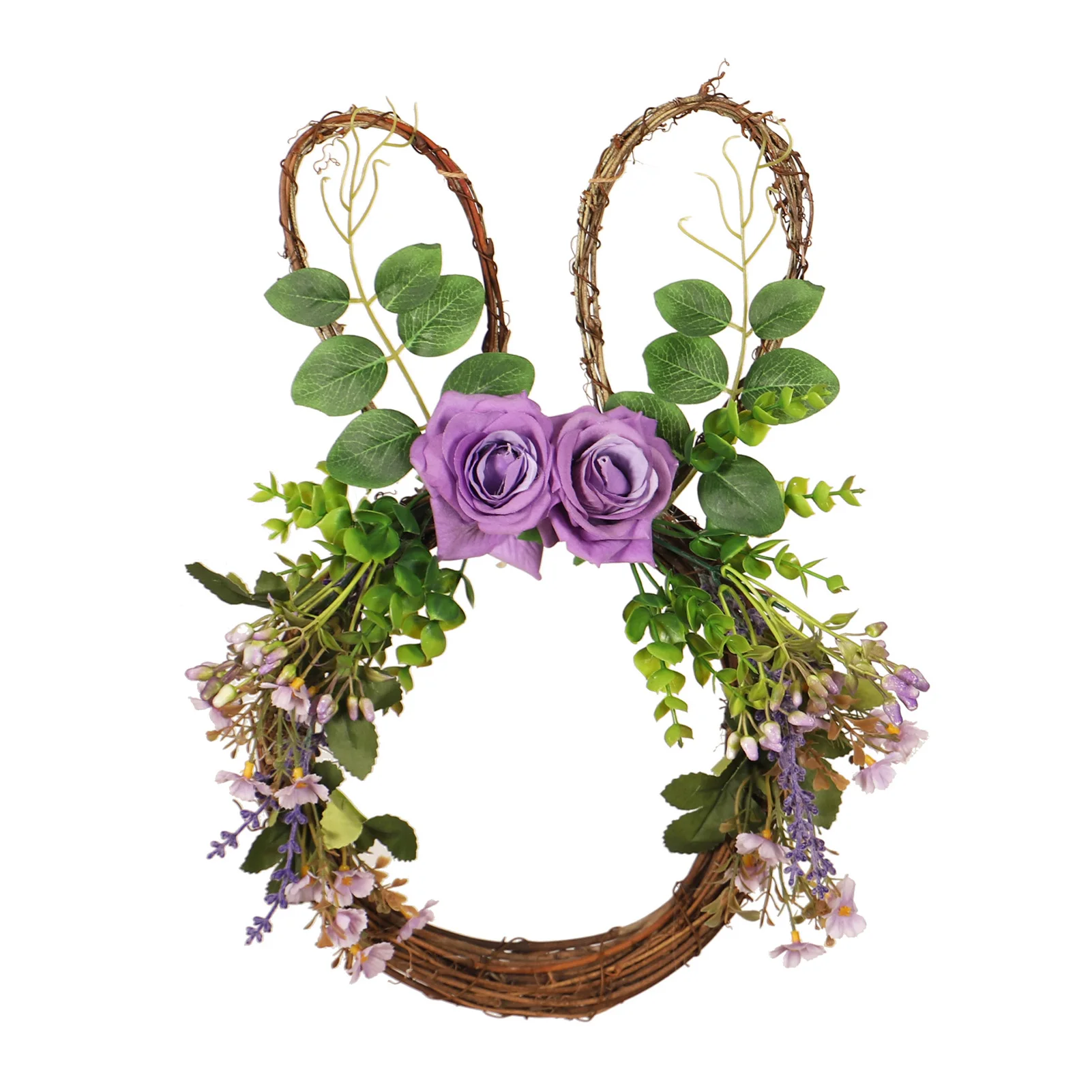 

Easter Bunny Garland Flower Wreath Blossom Purple Rose with Green Leaves Rattan for Front Door Indoor Wall Window Decor