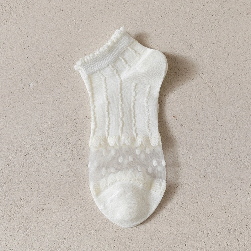 

Women Girls Lolita Cotton White Short Ankle Socks Japanese Style Sweet Glass Fiber Mesh Splicing Floral Jacquard Ruffled Trim