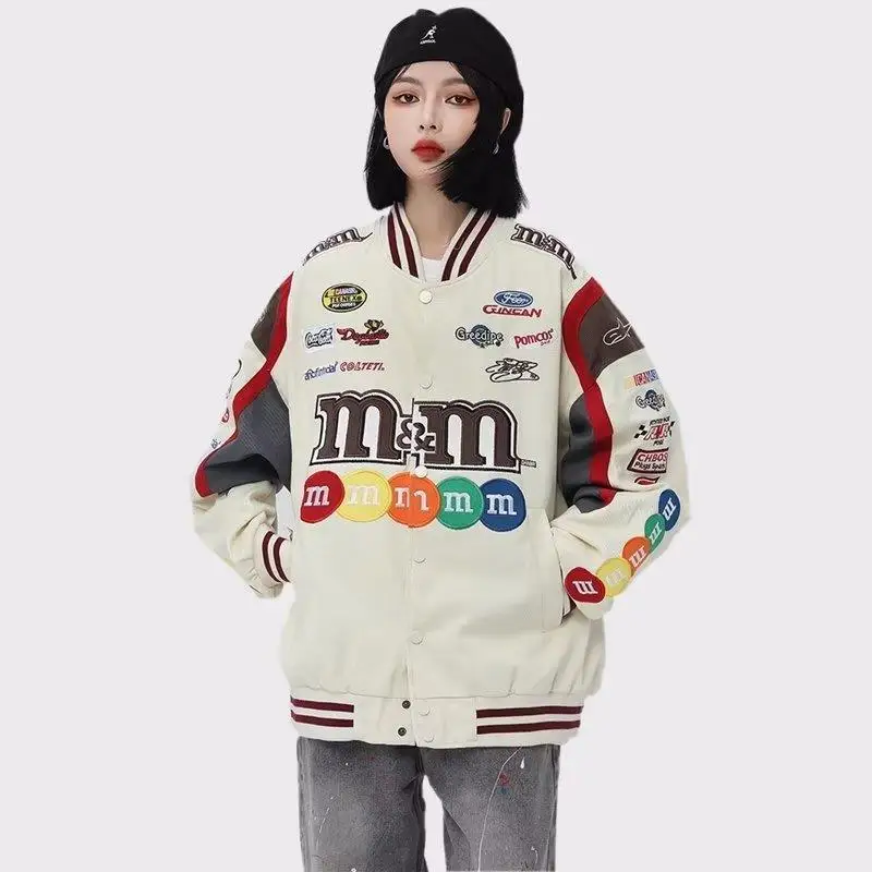 Hip Hop Men Harajuku Jacket Embroidery M Letter Print Varsity  Racing Jackets Women Vintage Patch College Oversized Coat Couple