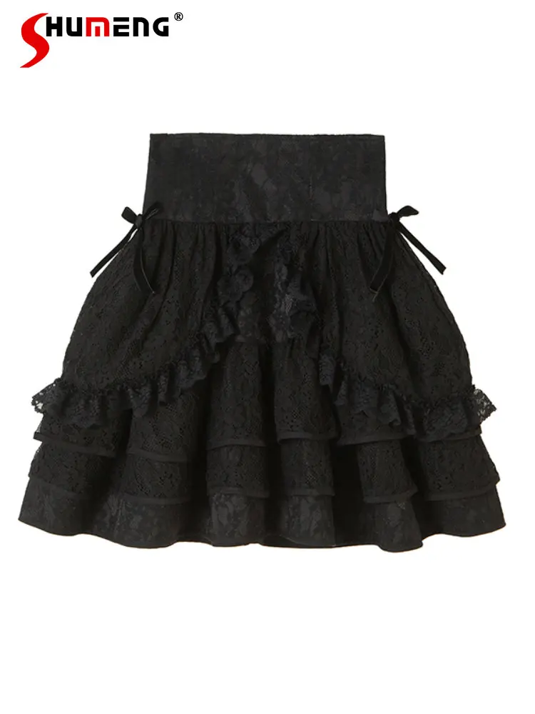 Retro Black Lace Bow Puffy Skirt for Women 2023 Spring and Autumn New Elegant Pleated High Waisted A- Line Skirts for Women