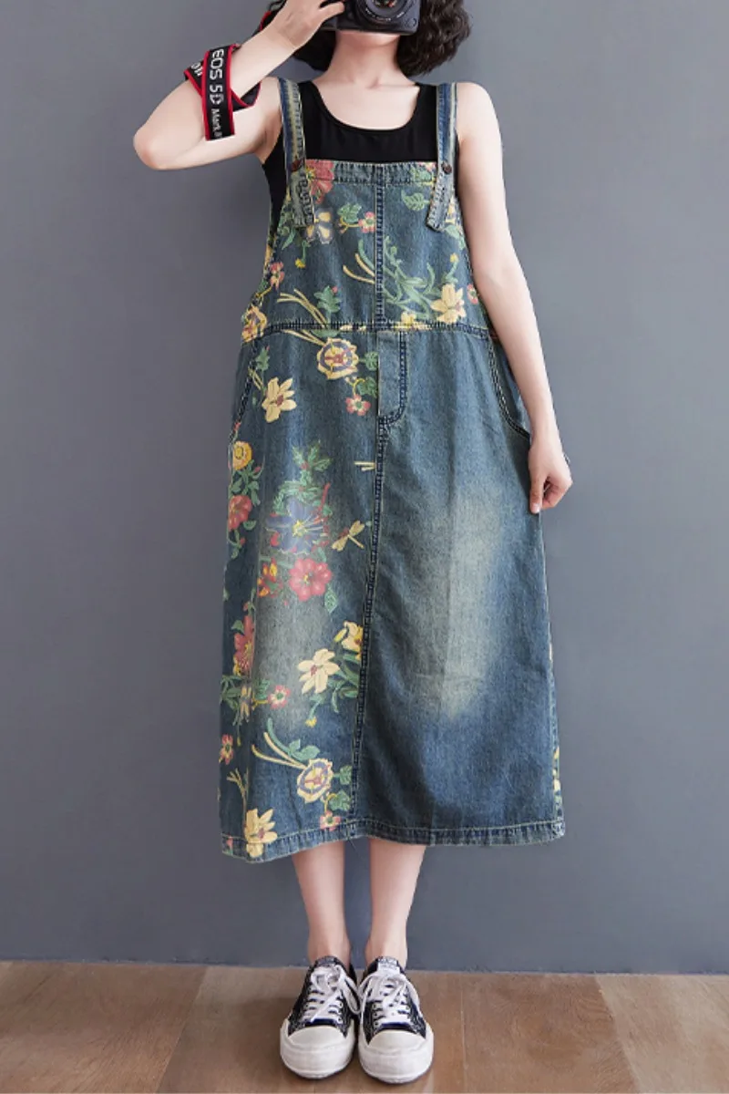 Denim Dresses Summer Women Vintage Washed Loose Waist Thin Sleeveless Patchwork Streetwear Trendy Comfortable Split Print Dress images - 6