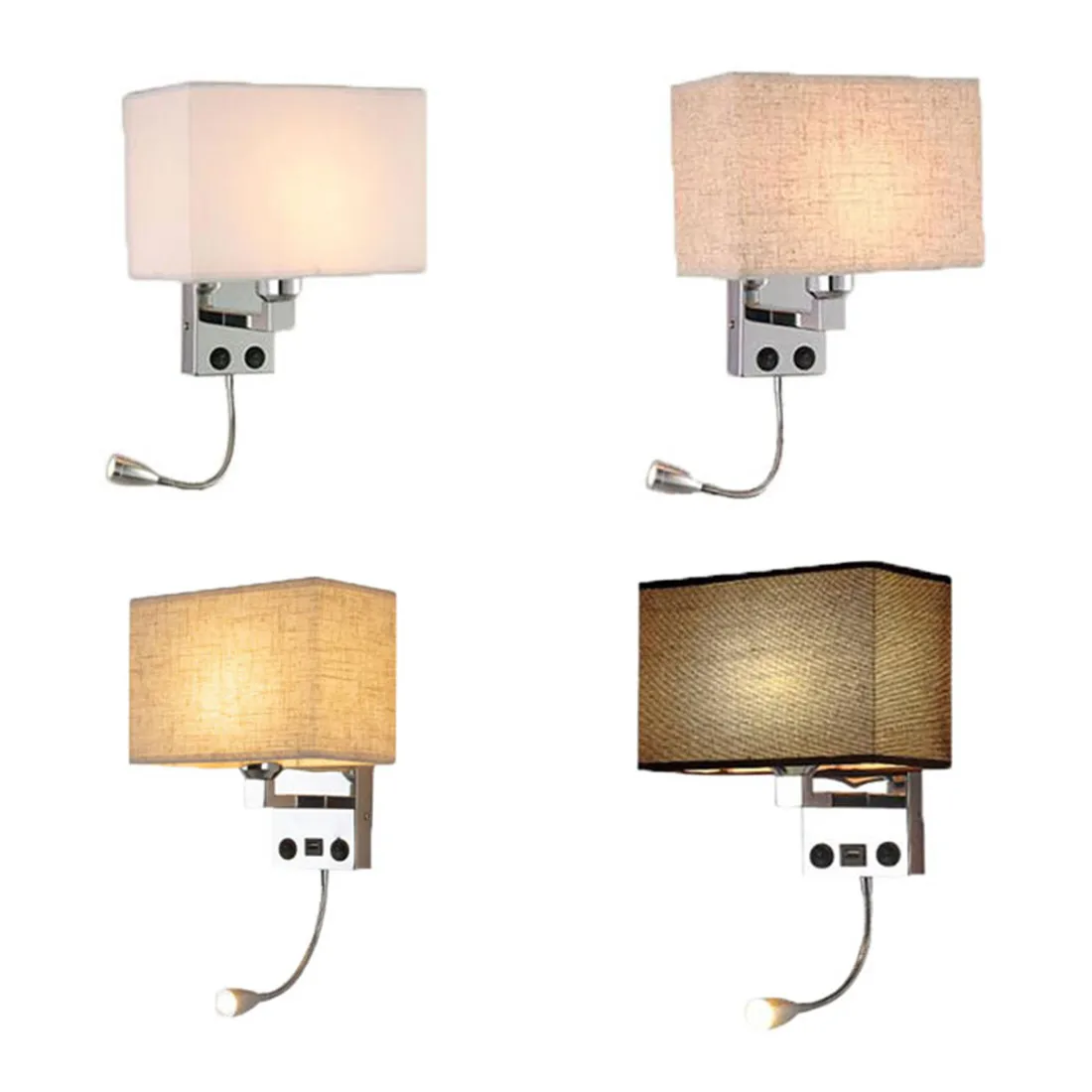 Настенный светильник с тканевым абажуром прямоугольный USB-портом для зарядки 2