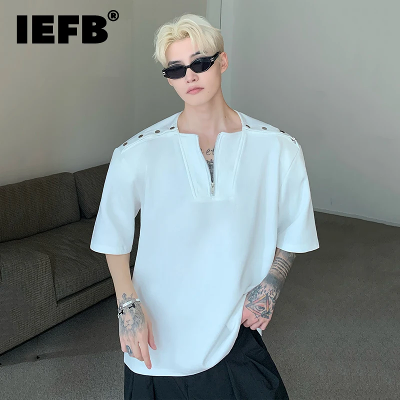 

IEFB Niche Design Zipper T-shirts Men's Trendy Summer Shoulder Pad Short Sleeve Tops Adjustable Off Shoulder Pullover Tee 9C316