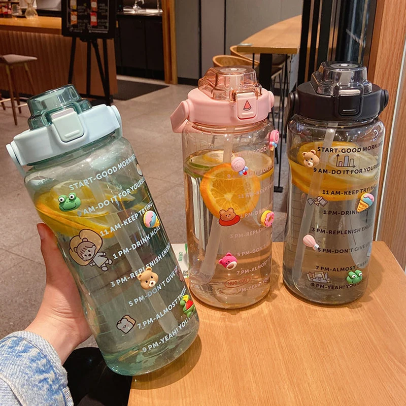 

2L Water Bottle with Straw Large Capacity Travel Sports Bottle Fitness Bike Cup Summer Cold Water Jug with Time Marker Drinkware