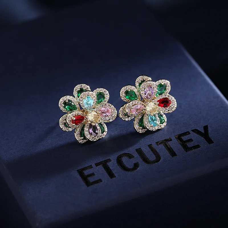 

European and American Temperament Color Zircon Flower S925 Silver Needle Simple Daily Three-dimensional Camellia Earrings