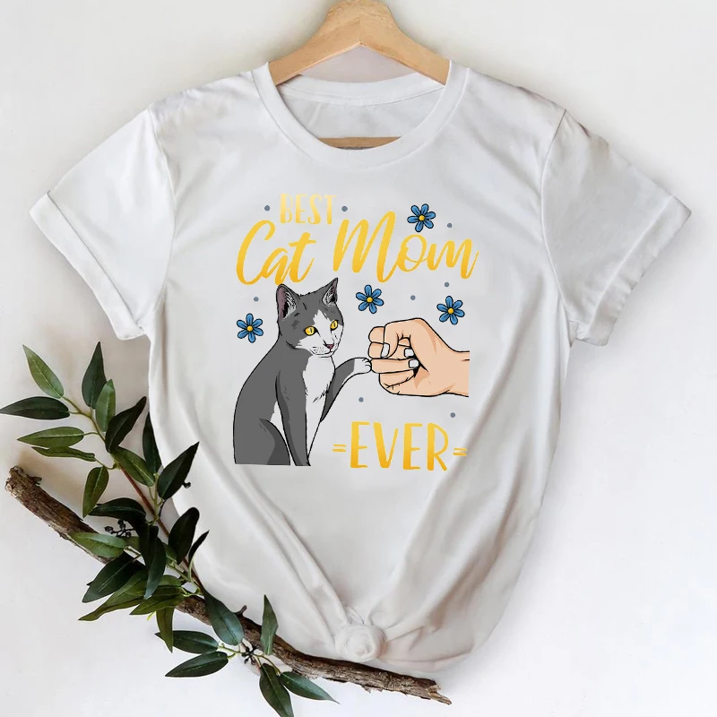 

T-shirts Women 2021 Cartoon Cat mom flower Spring Summer Fashion Clothes Stylish Tshirt Top Lady Print Sexy Tee T-Shirt