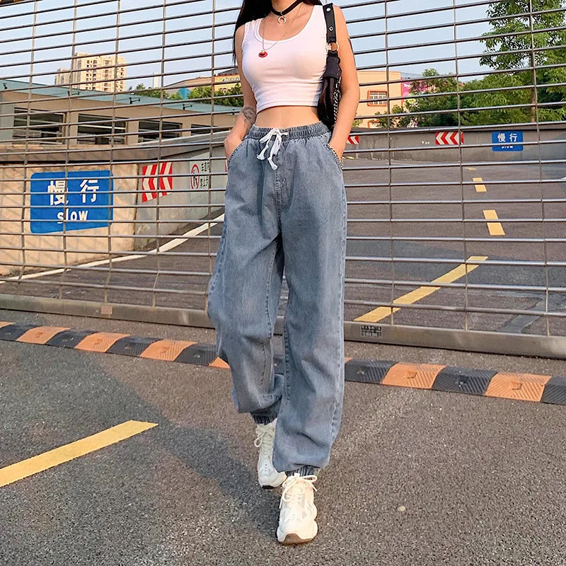 

Street Drawstring Jeans Indie High Waist Ankle-tied Pant Women 2021 New Fashion Blue Loose Vintage Y2k Denim Pants Spring Autumn