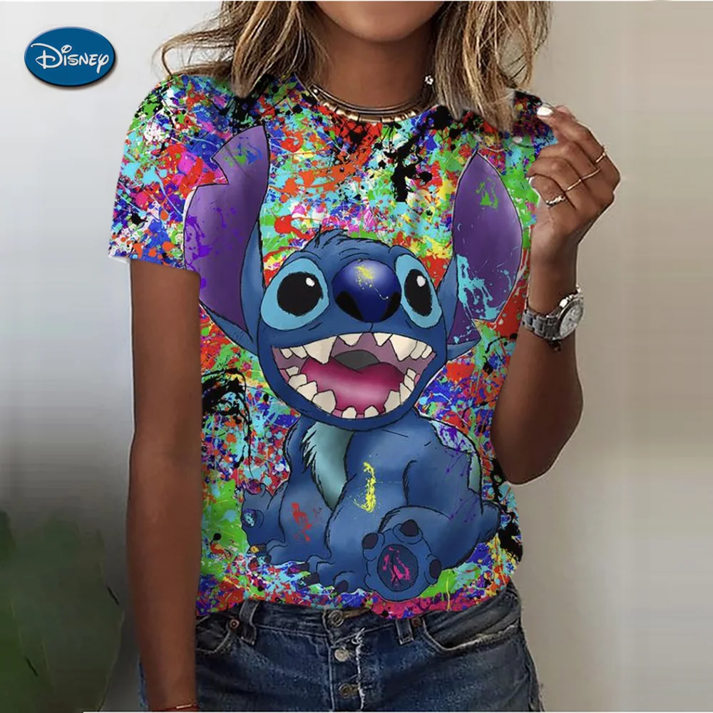 Лето 2024 женские футболки с круглым вырезом топы короткими рукавами Disney Stitch Mouse