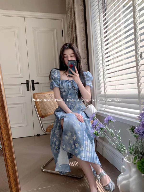 Женское платье с принтом из искусственного шифона Корейская модель облегающее