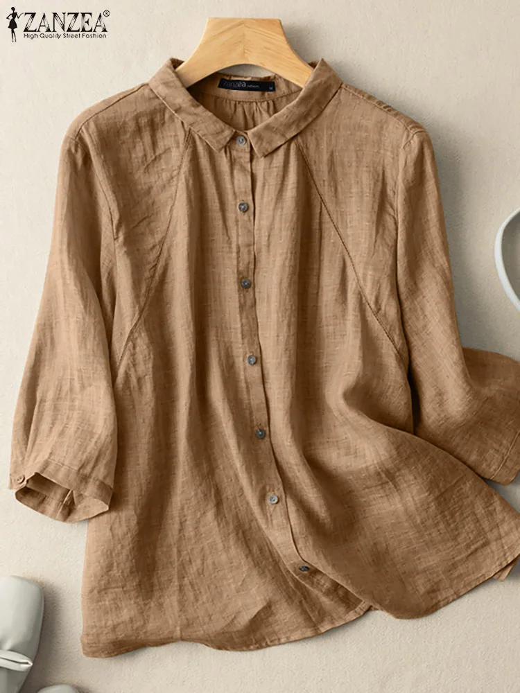 

ZANZEA Summer Women Blouse Vintage 3/4 Sleeve Casual Loose Tunic Tops Female Work Blusas Buttons Solid Shirt Chemise Oversize