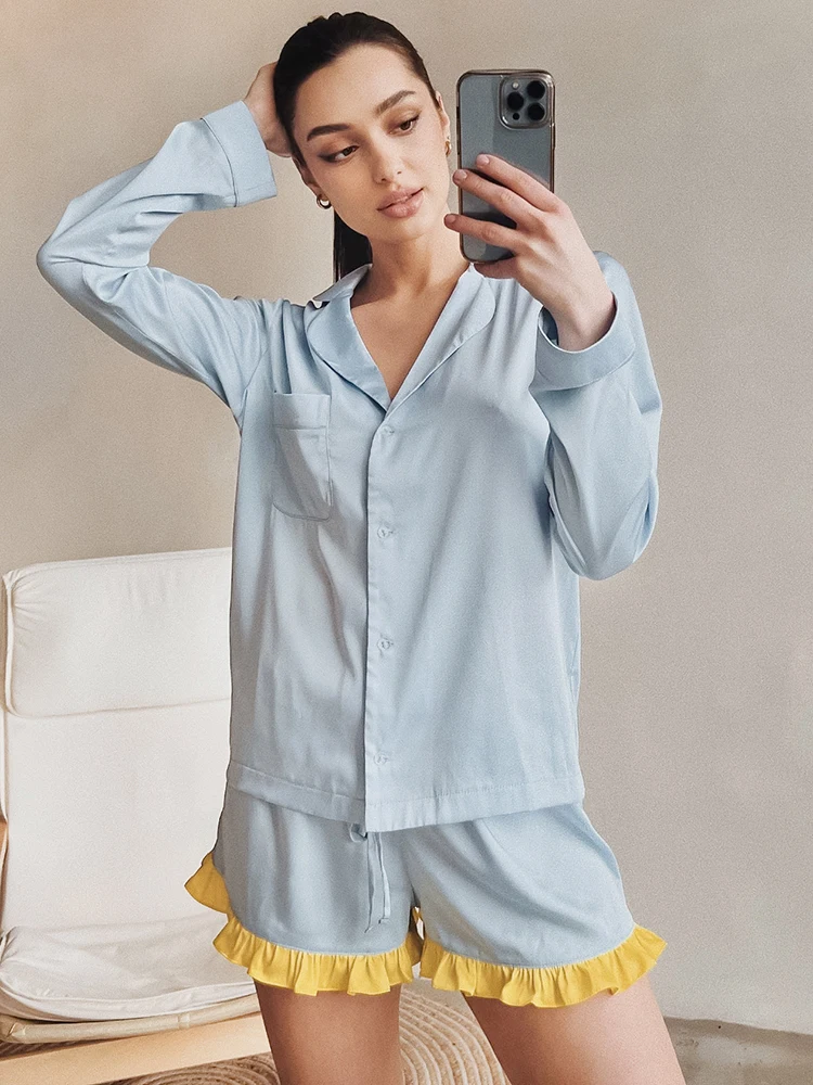 

Повседневная Женская домашняя одежда Linad, комплект из 2 предметов, синий топ с длинным рукавом, летние костюмы с шортами и оборками, Женский к...