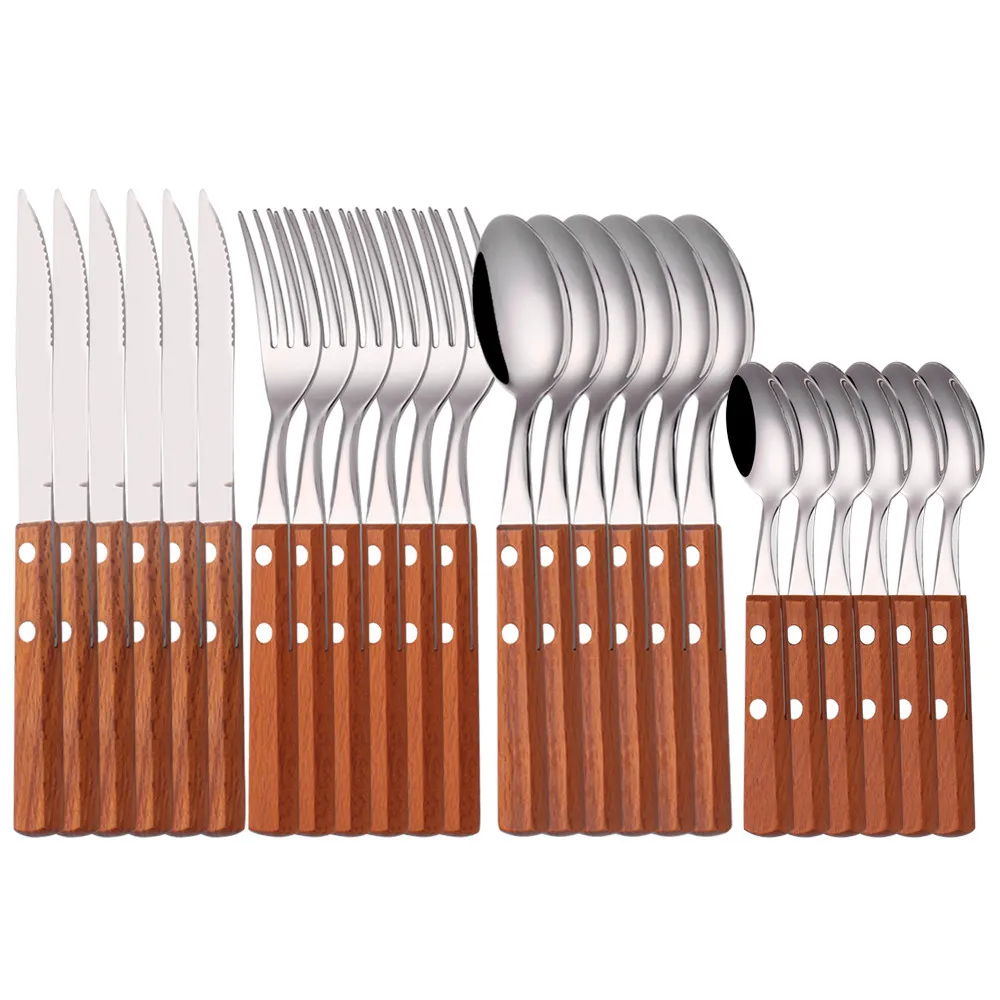 

24Pcs Wooden Handle Western Cutlery Set Stainless Steel Dinnerware Kitchen Spoon Fork Knife Tableware Set Silverware Flatware