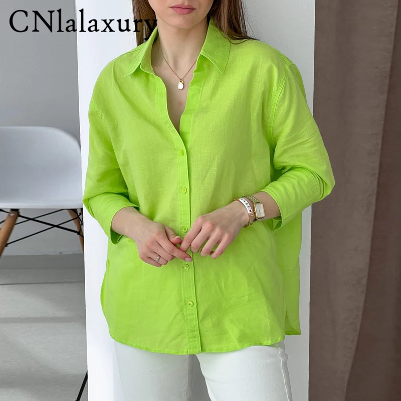 

CNlalaxury Женская весенне-летняя винтажная свободная льняная блузка зеленого цвета Офисная Женская однобортная рубашка шикарная Рубашка Блузки Топы