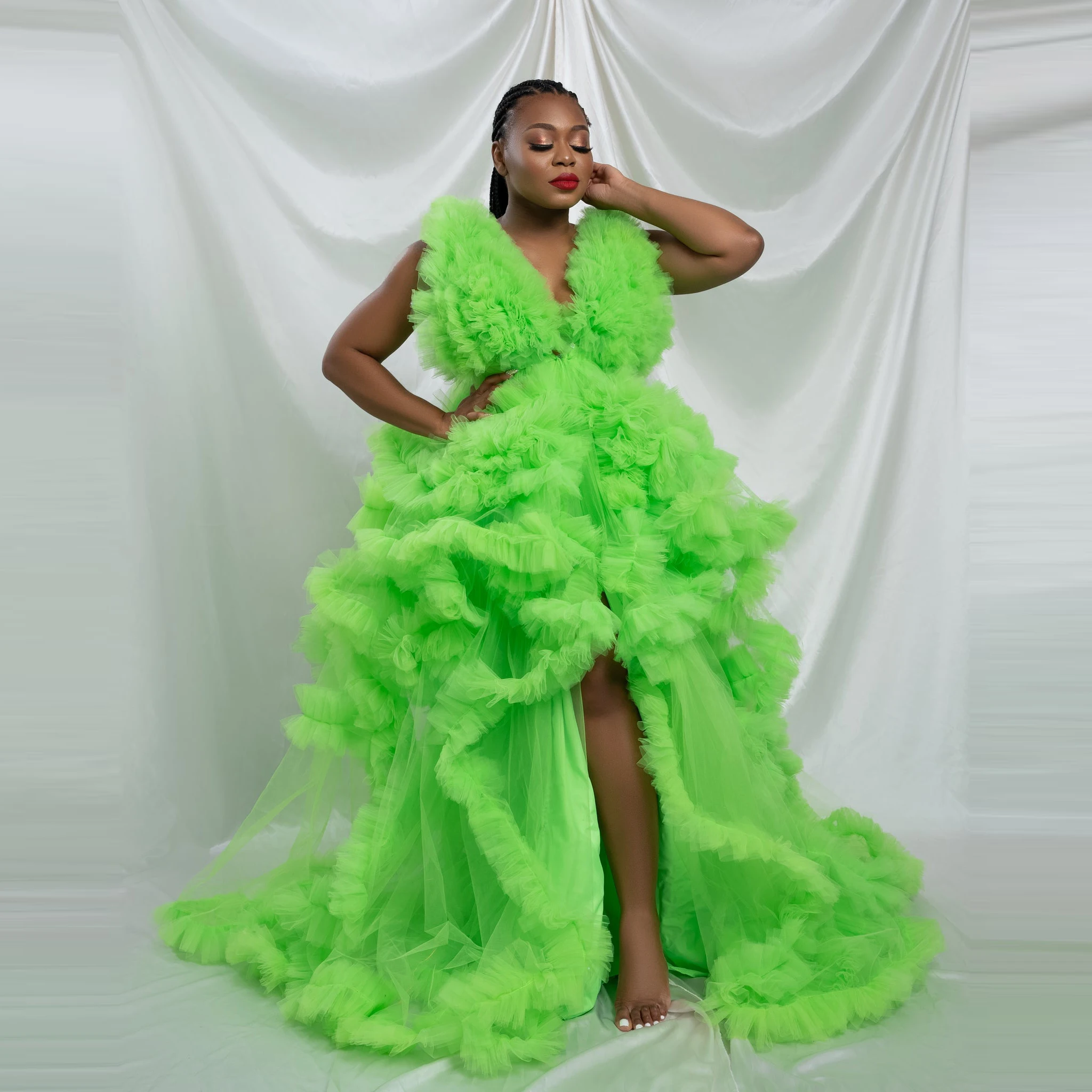 

2022 Потрясающие неоново-зеленые тюлевые платья для дня рождения с V-образным вырезом и разрезом, Экстра Пышное Бальное Платье, женский халат ...