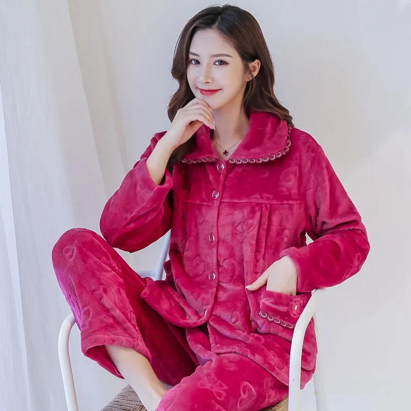 

2022 Winter Long Sleeve Thick Warm Flannel Print Pajama Sets for Women Coral Velvet Sleepwear Homewear Pijama Mujer Home Clothes