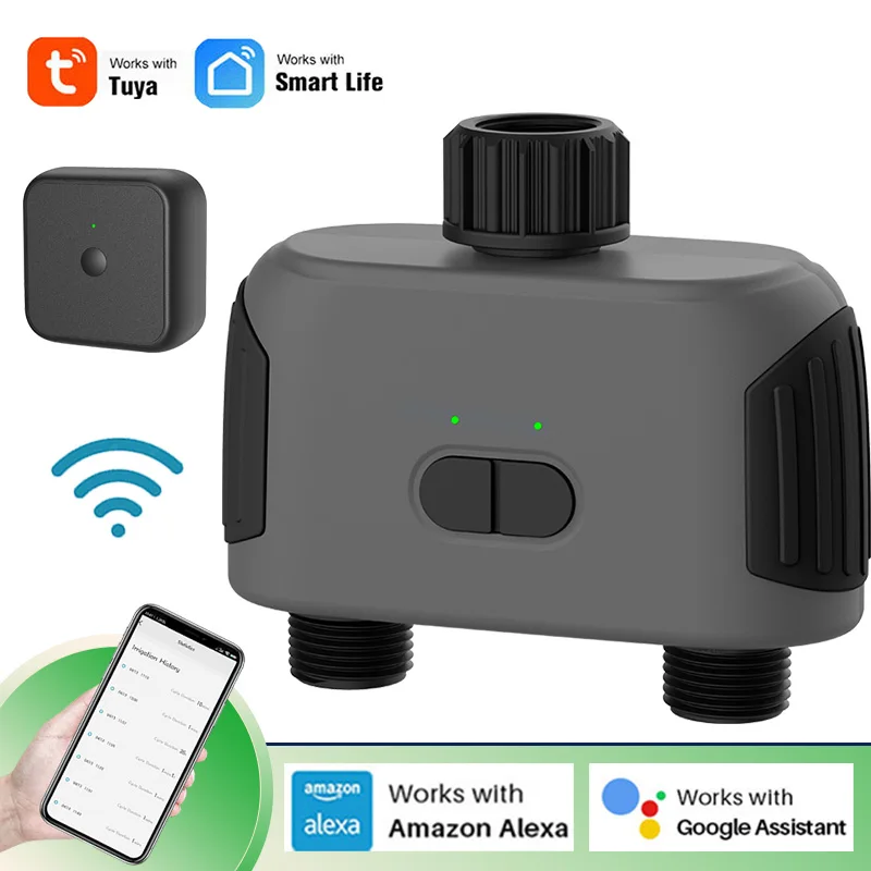 

Bluetooth и Wi-Fi-совместимый 2-полосный садовый таймер воды интеллектуальный срок службы умный электромагнитный клапан автоматический контроллер системы орошения