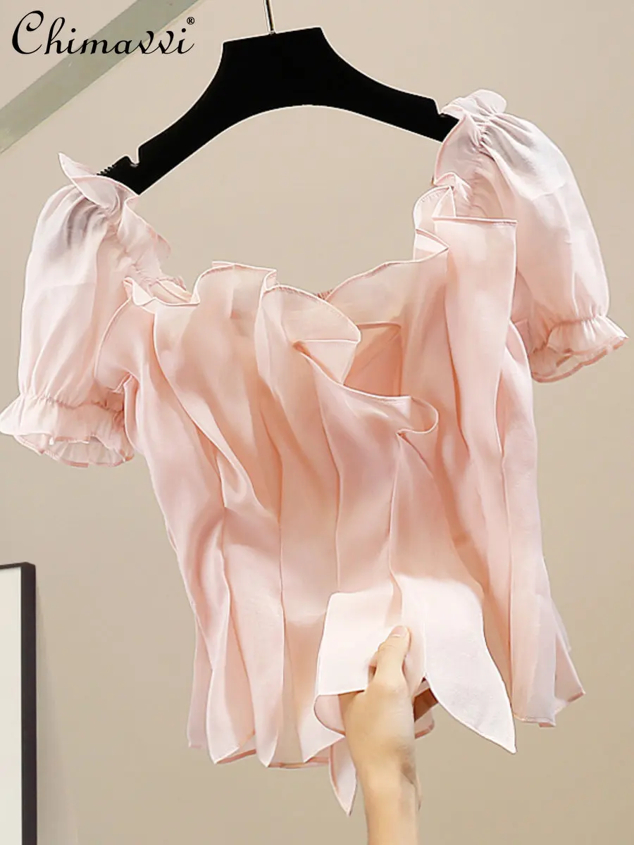 

Модная плиссированная пикантная Облегающая рубашка с открытой спиной и коротким рукавом, Новинка лета 2023, универсальный облегающий элегантный топ, женская блузка