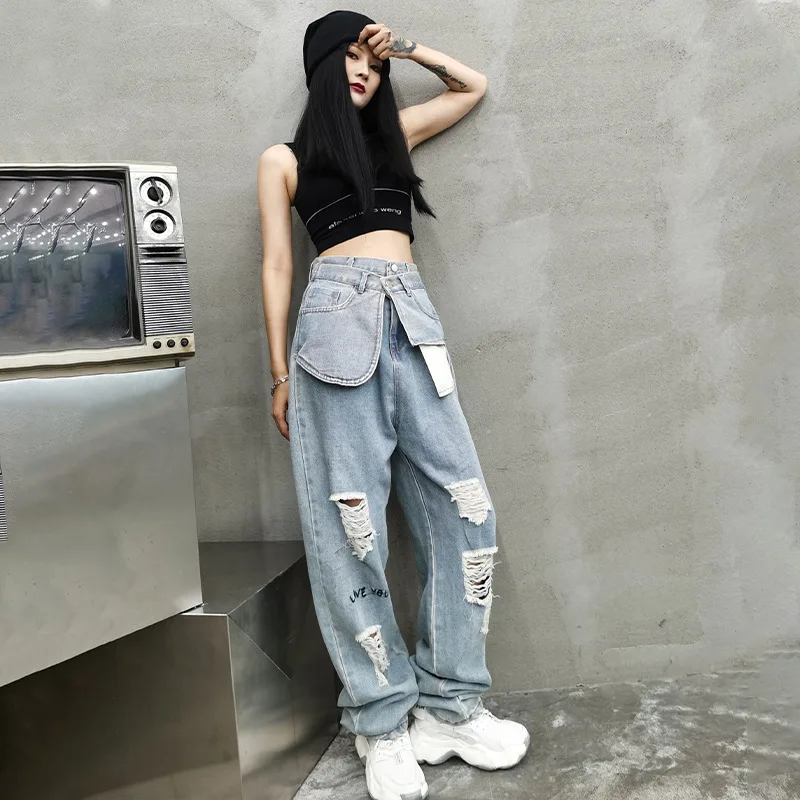 2021 Mujer Fall New High Waist Jeans Women Hole Light Blue Straight Trousers Streetwear Wide-leg Pants Female Solid Denim Pants