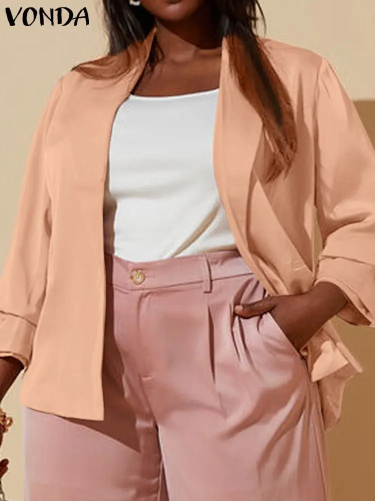 

Элегантный женский однотонный Атласный блейзер VONDA 2023, осенний костюм с воротником и рукавом 3/4, модные пальто, верхняя одежда, повседневный офисный блейзер с карманами