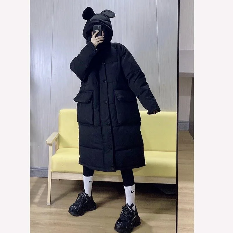 Female Students Sweet Korean Mid-length Thick Cotton-padded Jacket Kawaii College Style Cute Rabbit Ears Cotton-padded Jacket