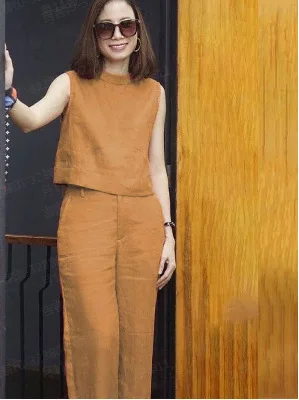 

Female sleeveless casual cotton linen suit Women Cotton Linen Set Casual Sleeveless O-neck Shirt and Loose Pants Suits