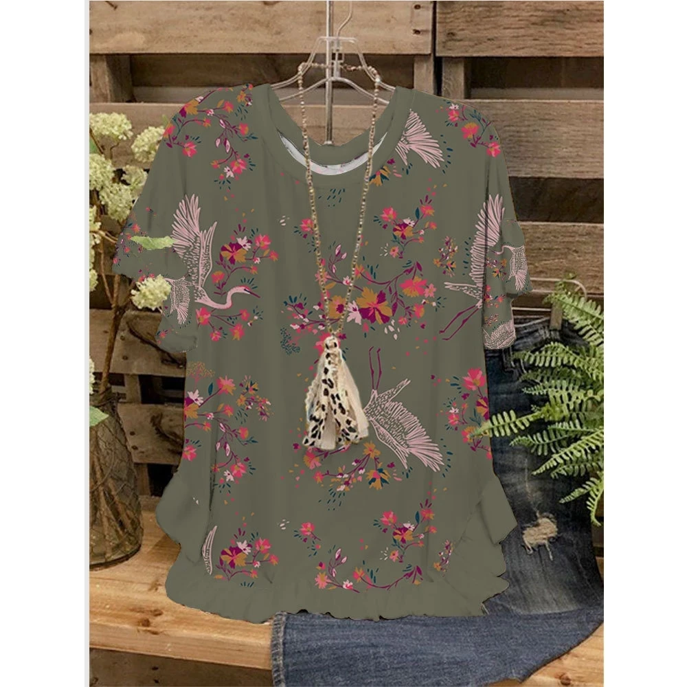 

Футболка женская с круглым вырезом, свободная Повседневная рубашка с 3D-принтом лепестков, с оборками, с коротким рукавом, летняя уличная одежда