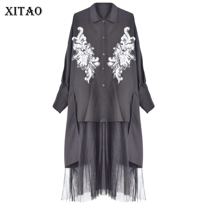 

XITAO Лоскутные сетчатые платья, модные Асимметричные Лоскутные Цветочные Повседневные платья с отложным воротником, простота, Новое поступл...