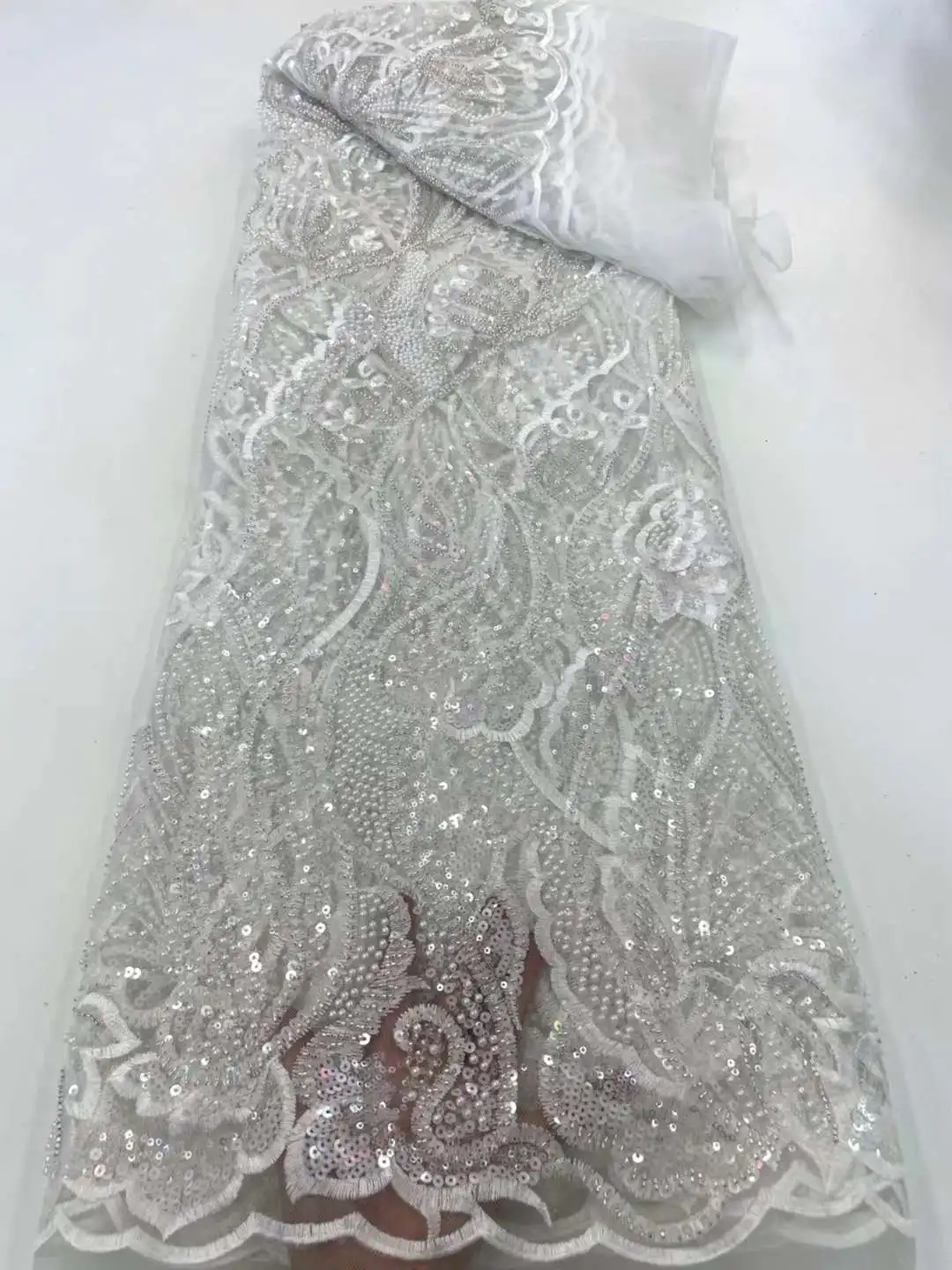 

Luxurious Sequence Beads Groom Lace Fabrics Nigerian Lace 2022 Embroidery Mesh Lace Fabric 3D Beaded African Wedding Lace Fabric