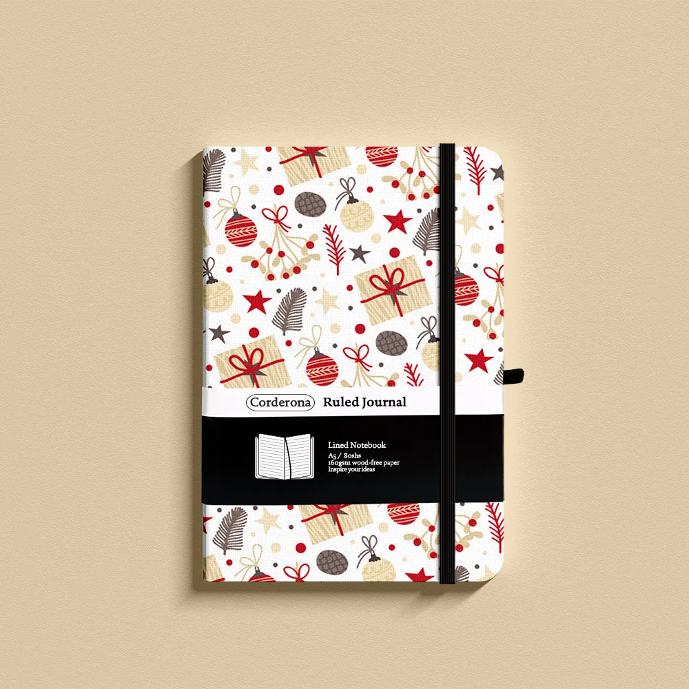 Corderona Christmas Gift Lined Notebook A5 Hard Cover Elastic Band 100gsm Pen Loop Back Pocket Ruled Journal