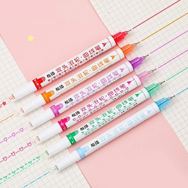 3/6pcs Roller Type Liner Color Pens Set Dual Tip Writing Stamp Line Marker Highlighter for Drawing School F7281