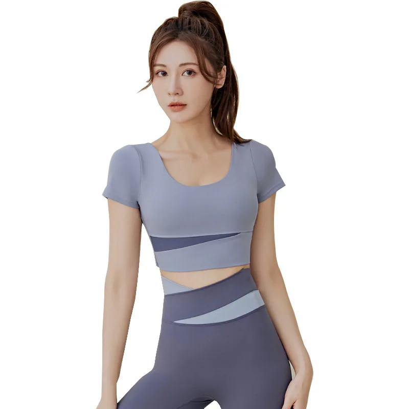 Splicing Seamless Yoga Set Women Gym Clothes High Waist Yoga Pants Short Sleevs Crop Top Sexy Bra Fitness Sportwear Running