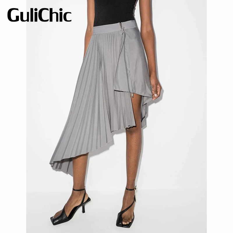 

2,24 GuliChic модная однотонная ассиметричная плиссированная юбка с высокой талией для женщин