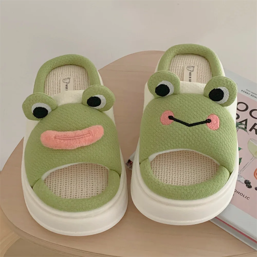 Women Slippers Fun Frog Shape Design Hemp Platform  Home Cotton Flax Ladies Casual Shoes Non-slip Bedroom Woman Slides Shoes