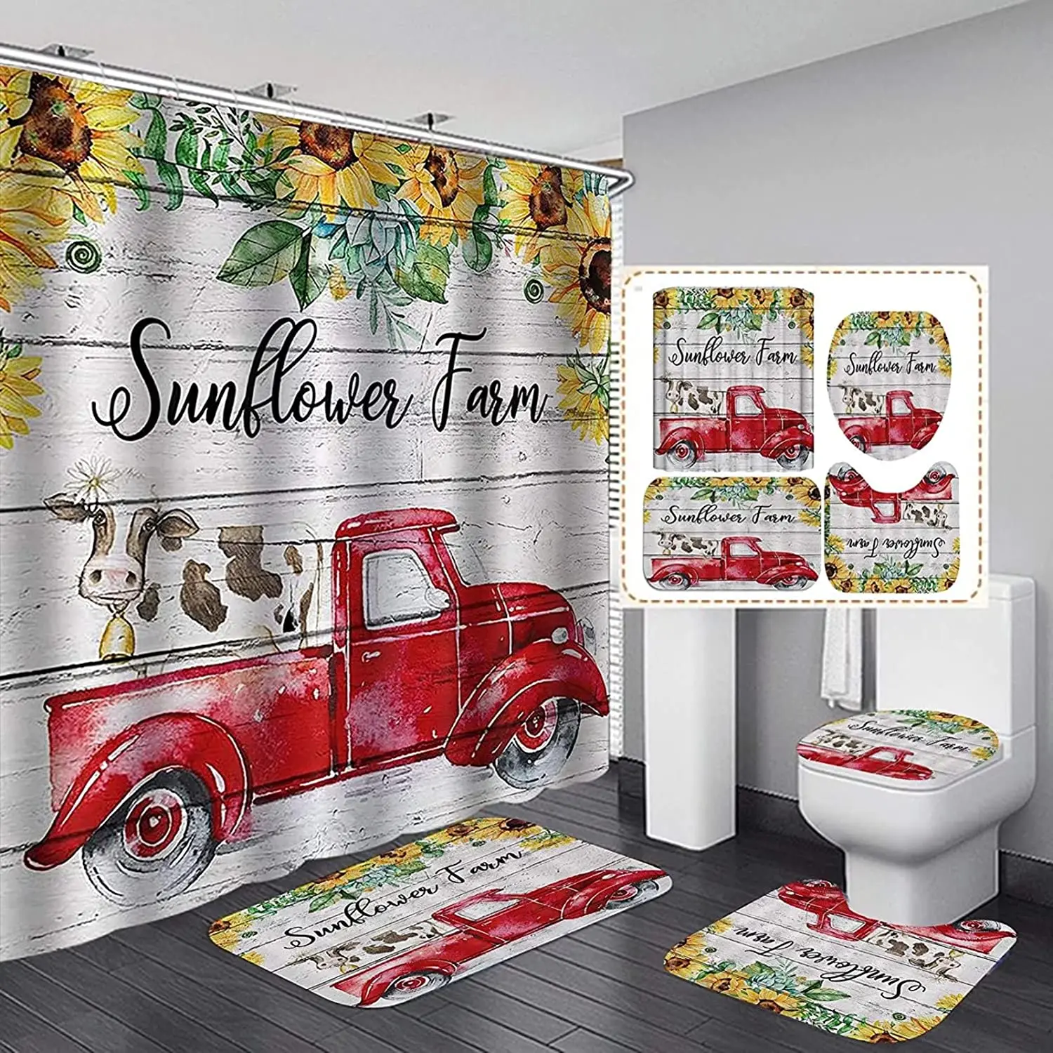 

Farmhouse Cow Red Truck Sunflower Shower Curtain Set Rustic Country Wooden Bathroom Decor Non-Slip Rug Bath Mat Toilet Lid Cover