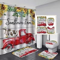 farmhouse cow red truck sunflower shower curtain set rustic country wooden bathroom decor non slip rug bath mat toilet lid cover